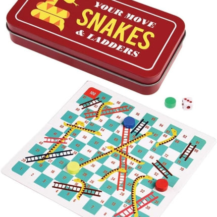 Travel snakes and ladders game in a tin