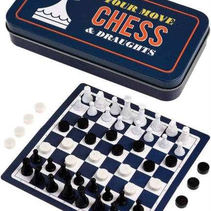 Travel chess and draughts game in a tin