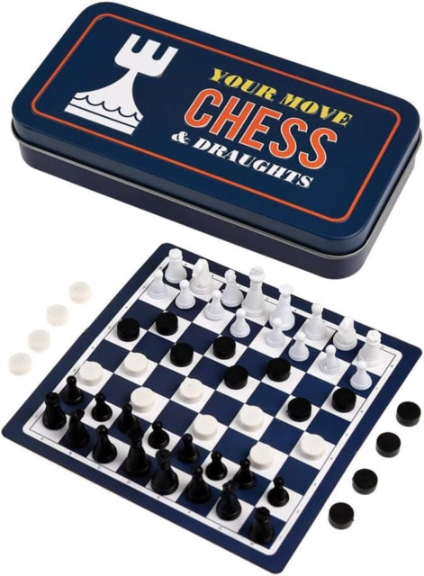 Travel chess and draughts game in a tin