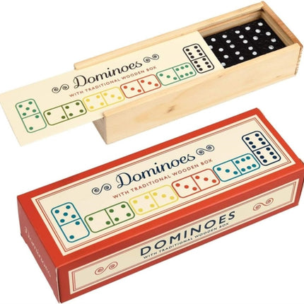 Wooden box of dominoes