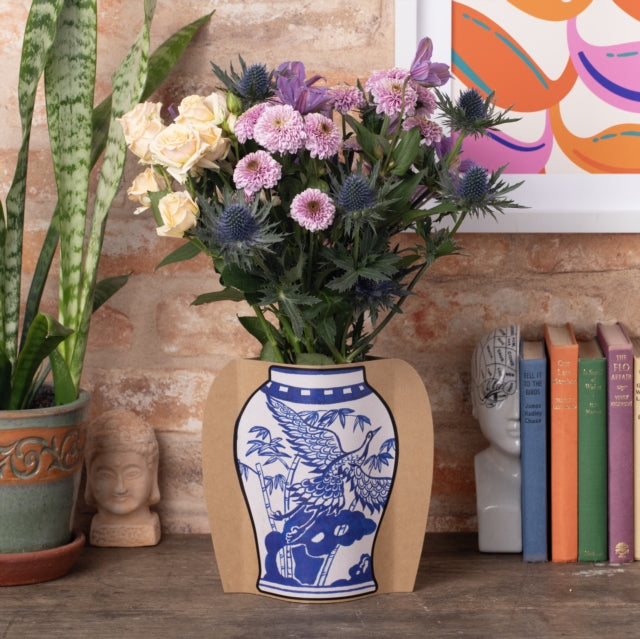 Cardboard Vase Sleeve  Blue  White Oriental
