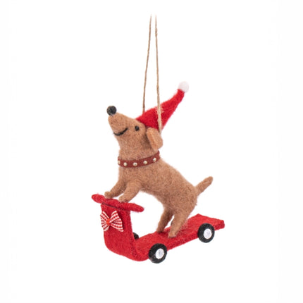 Santa Sausage Dog on a Scooter Felt Decoration