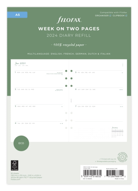 Filofax A5 Eco Week On Two Pages 2024 Diary With