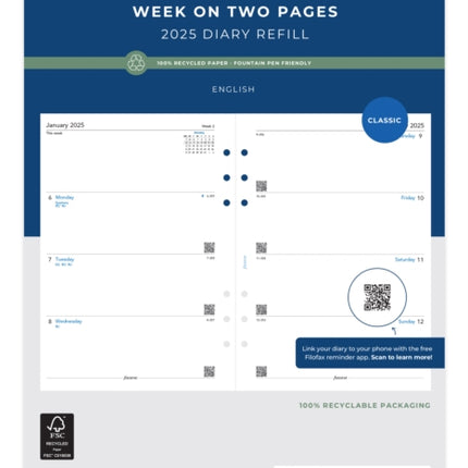 A5 Week on two pages English recycled paper 2025