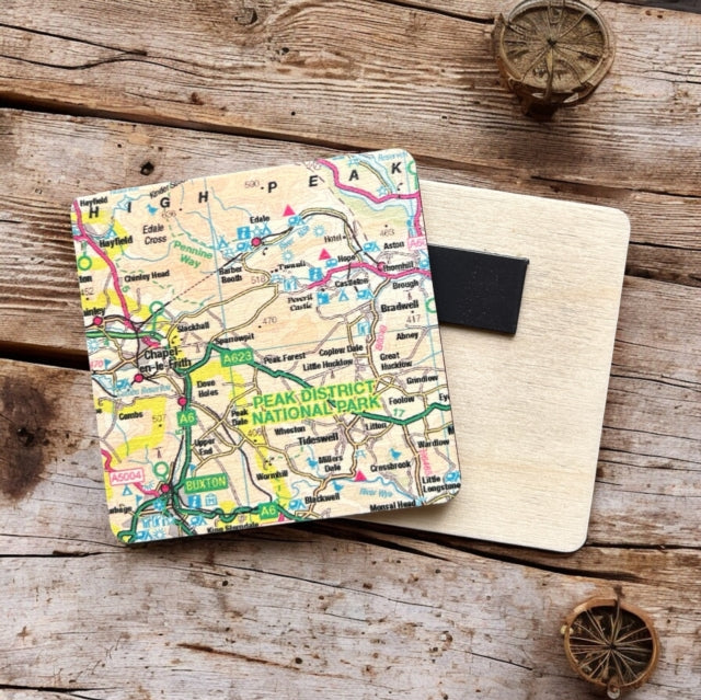 OS Map Wooden Square Magnet  Peak District