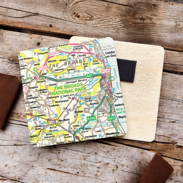 OS Map Wooden Square Magnet  The Broads