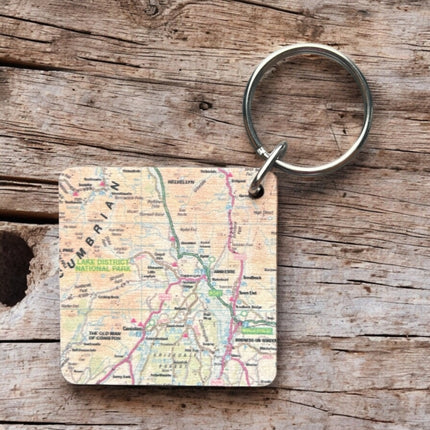 OS Map Wooden Square Keyring  Lake District