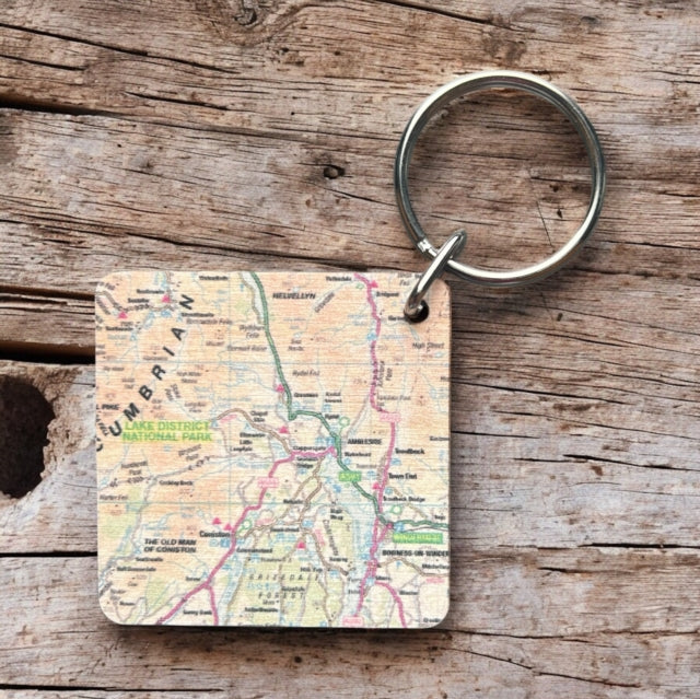 OS Map Wooden Square Keyring  Lake District