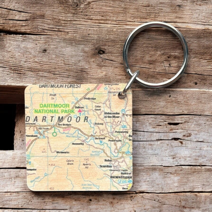 OS Map Wooden Square Keyring  Dartmoor National