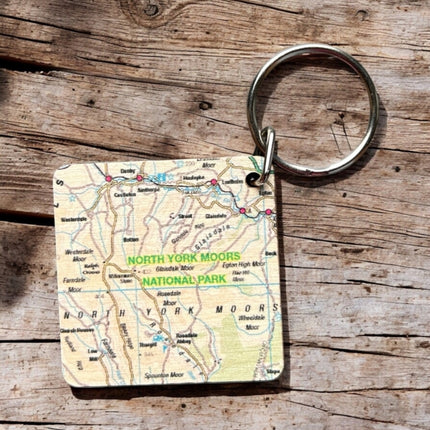 OS Map Wooden Square Keyring  North York Moors