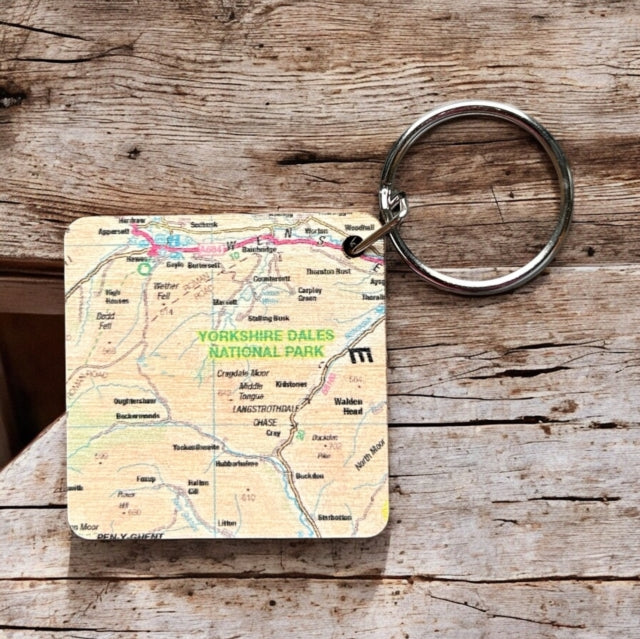 OS Map Wooden Square Keyring  Yorkshire Dales National Park