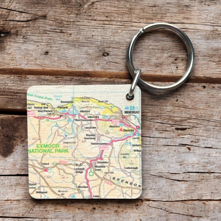 OS Map Wooden Square Keyring  Exmoor National