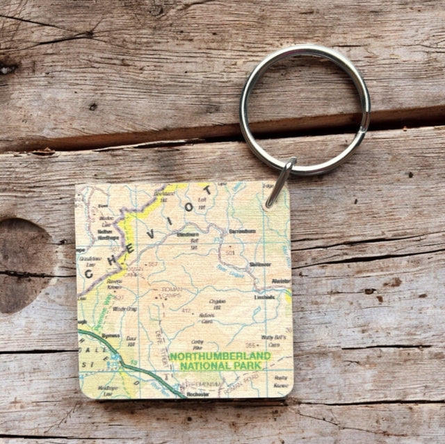OS Map Wooden Square Keyring  Northumberland