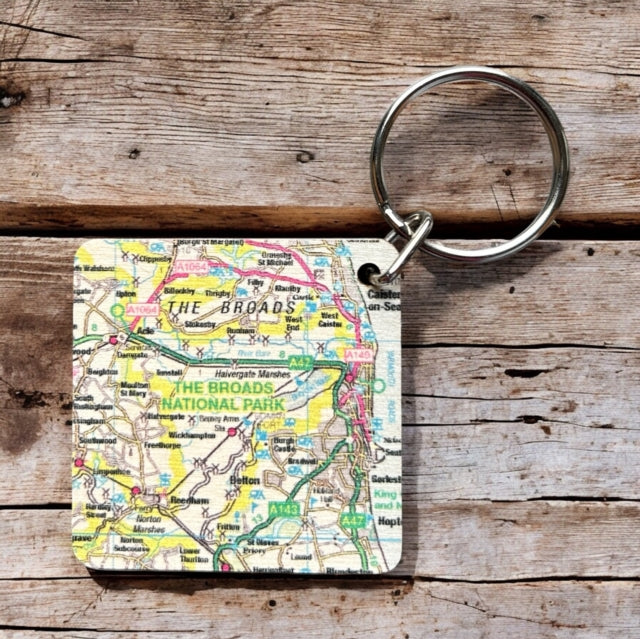 OS Map Wooden Square Keyring  The Broads