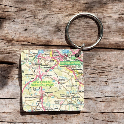 OS Map Wooden Square Keyring  New Forest National