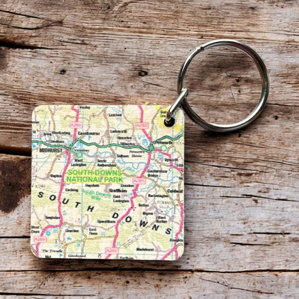 OS Map Wooden Square Keyring  South Downs