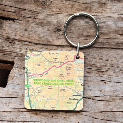 OS Map Wooden Square Keyring  Snowdonia National