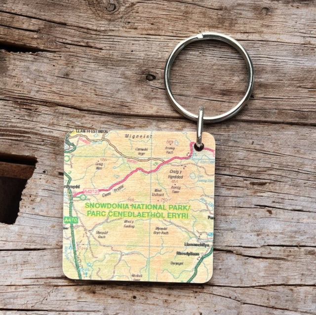 OS Map Wooden Square Keyring  Snowdonia National