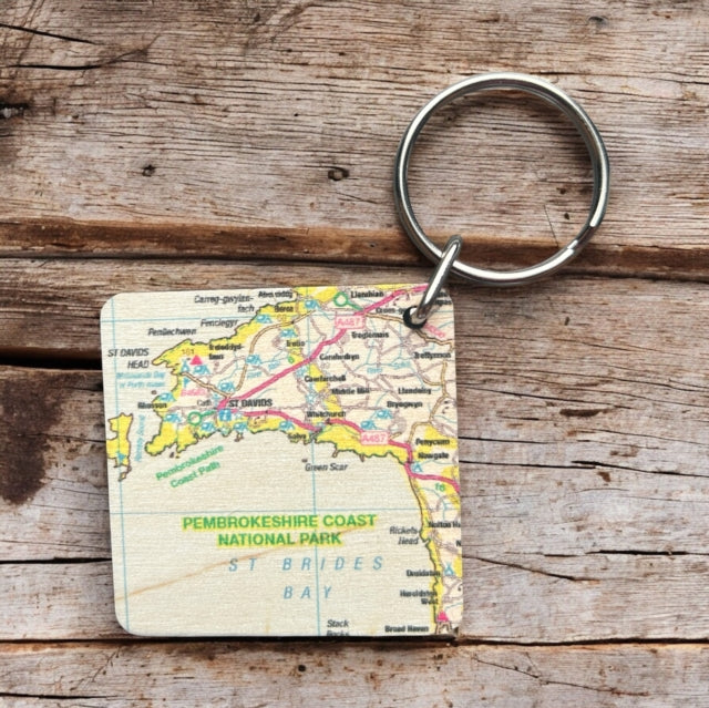 OS Map Wooden Square Keyring  Pembrokeshire Coast