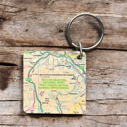 OS Map Wooden Square Keyring  Brecon Beacons