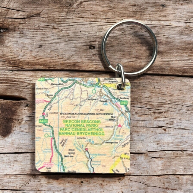 OS Map Wooden Square Keyring  Brecon Beacons