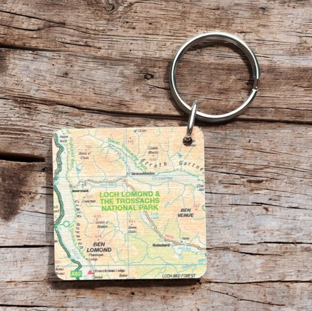 OS Map Wooden Square Keyring  Loch Lomond and The