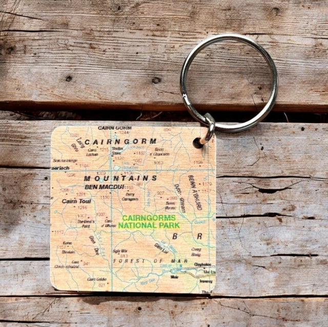 OS Map Wooden Square Keyring  Cairngorms National