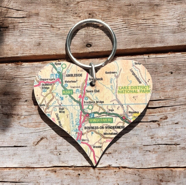 OS Map Wooden Heart Keyring  Lake District
