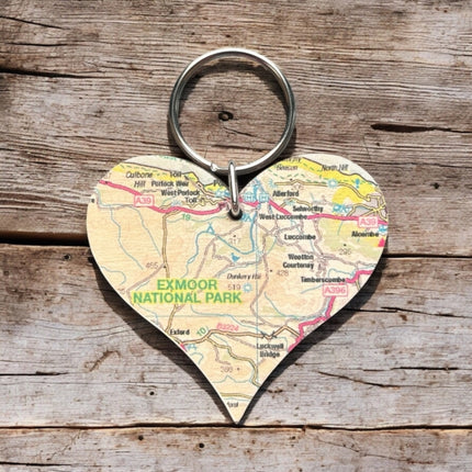 OS Map Wooden Heart Keyring  Exmoor National Park