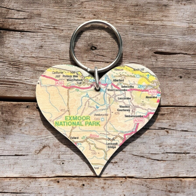 OS Map Wooden Heart Keyring  Exmoor National Park