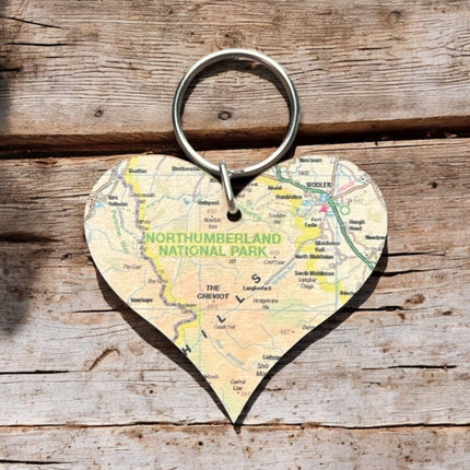 OS Map Wooden Heart Keyring  Northumberland