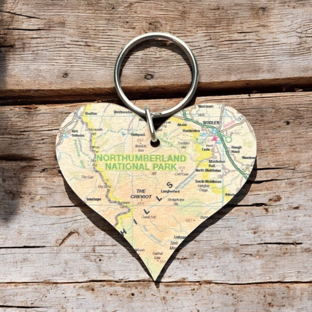 OS Map Wooden Heart Keyring  Northumberland