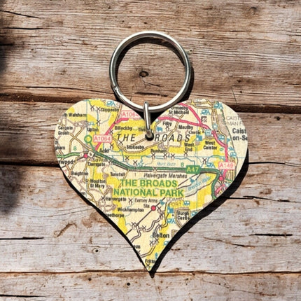 OS Map Wooden Heart Keyring  The Broads
