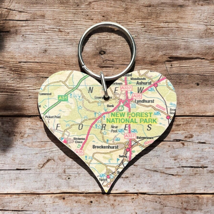 OS Map Wooden Heart Keyring  New Forest National