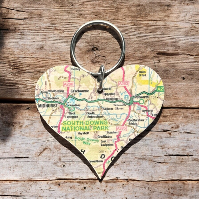 OS Map Wooden Heart Keyring  South Downs National