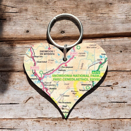 OS Map Wooden Heart Keyring  Snowdonia National