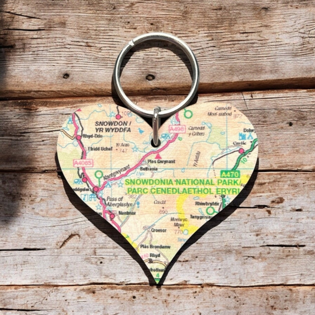 OS Map Wooden Heart Keyring  Snowdonia National
