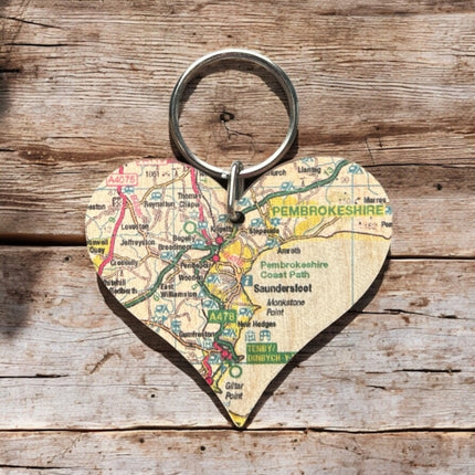 OS Map Wooden Heart Keyring  Pembrokeshire Coast