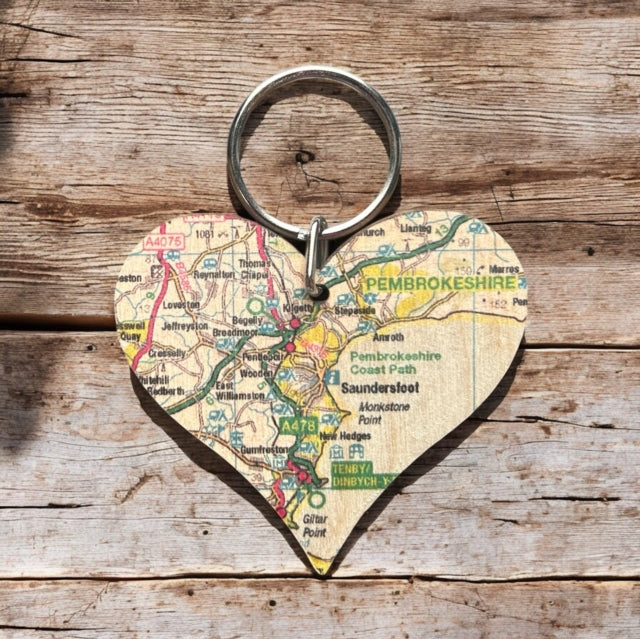 OS Map Wooden Heart Keyring  Pembrokeshire Coast