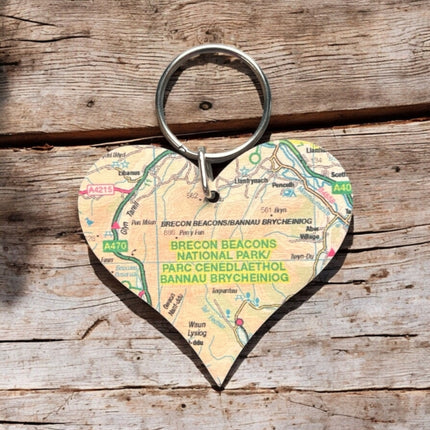 OS Map Wooden Heart Keyring  Brecon Beacons