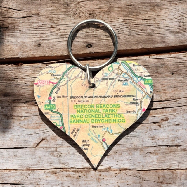 OS Map Wooden Heart Keyring  Brecon Beacons