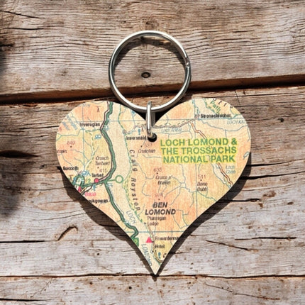 OS Map Wooden Heart Keyring  Loch Lomond and The