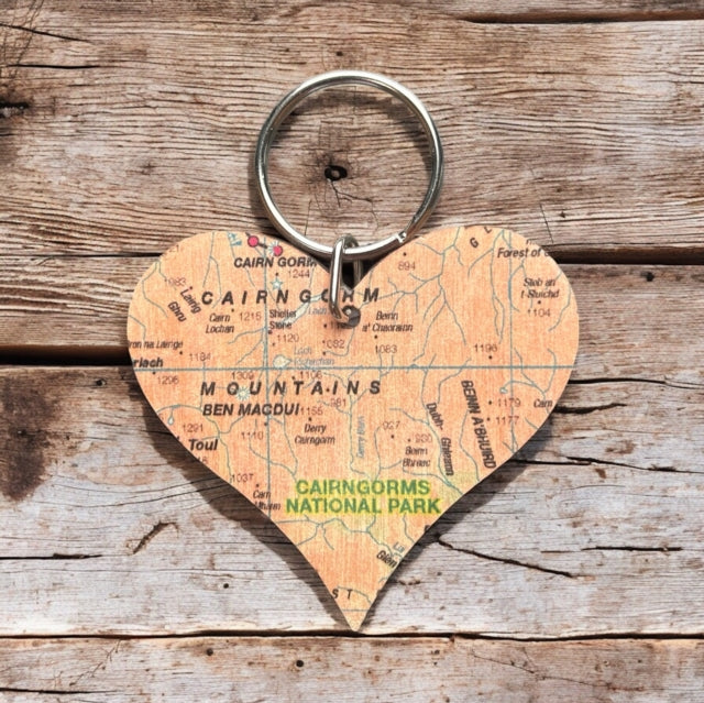 OS Map Wooden Heart Keyring  Cairngorms National