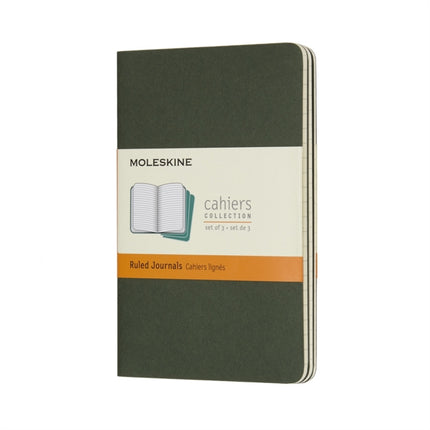 Moleskine Cahier Journal Set 3 Notebooks with Ruled Pages Cardboard Cover with Visible Cotton Stiching Colour Myrtle Green Pocket 9 x 14 cm 64 Pages