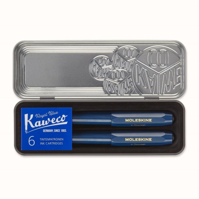 Moleskine x Kaweco Fountain Pen in ABS plastic with GoldPlated Size M Nib and Refillable Ballpen for Writers NoteTakers Refill 1.0mm with Blue Ink and 6 Blue Ink Cartridges included Color Blue