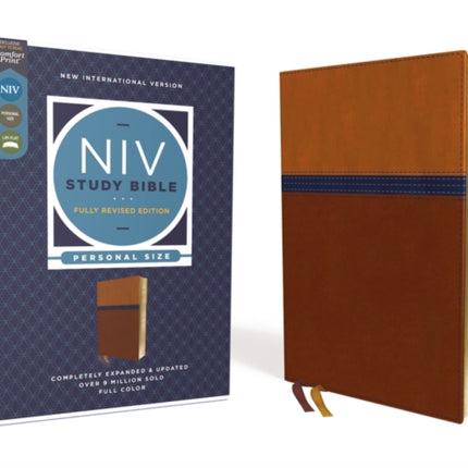 NIV Study Bible, Fully Revised Edition (Study Deeply. Believe Wholeheartedly.), Personal Size, Leathersoft, Brown/Blue, Red Letter, Comfort Print