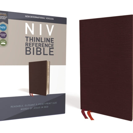 NIV, Thinline Reference Bible (Deep Study at a Portable Size), Bonded Leather, Burgundy, Red Letter, Comfort Print