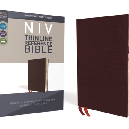 NIV, Thinline Reference Bible (Deep Study at a Portable Size), Bonded Leather, Burgundy, Red Letter, Thumb Indexed, Comfort Print