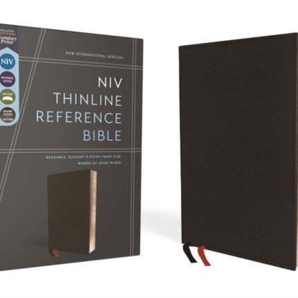 NIV, Thinline Reference Bible (Deep Study at a Portable Size), Genuine Leather, Calfskin, Black, Red Letter, Comfort Print