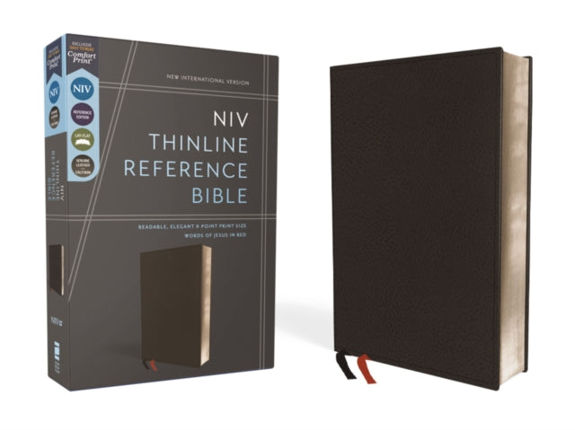 NIV, Thinline Reference Bible (Deep Study at a Portable Size), Genuine Leather, Calfskin, Black, Red Letter, Comfort Print